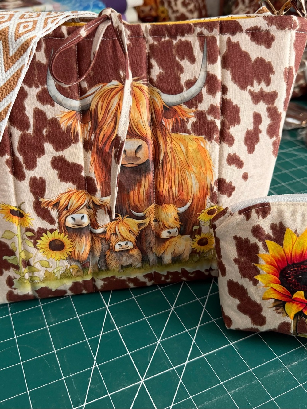 Cowhide Print Tote with Sunflower & Highland Cattle Design - Brown
